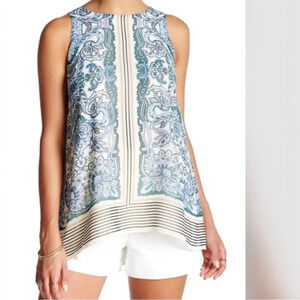 Max Studio Sleeveless Blue Cream Trapeze Blouse Sz Small